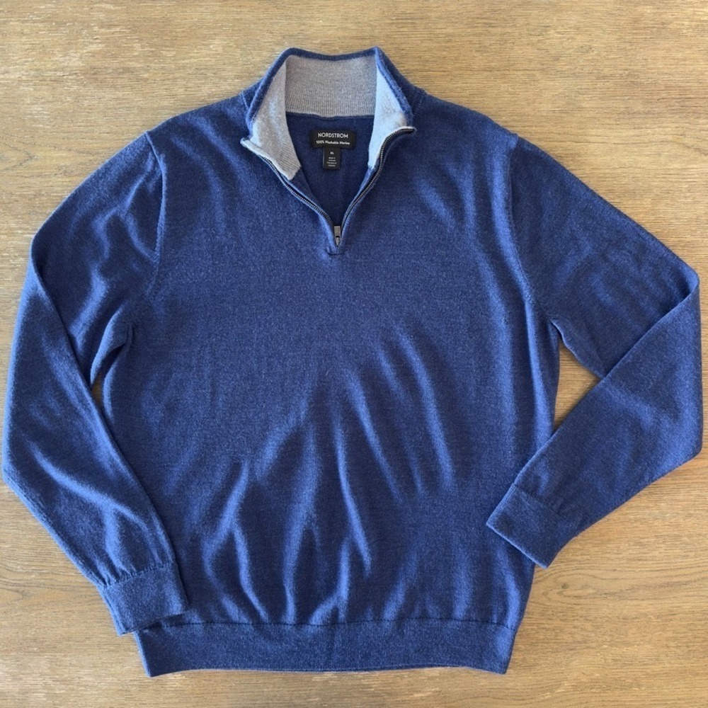 Nordstrom 100% Washable Merino‎ Wool 1/4 Zip Sweater-Blue-Contrast Neck-Size XL